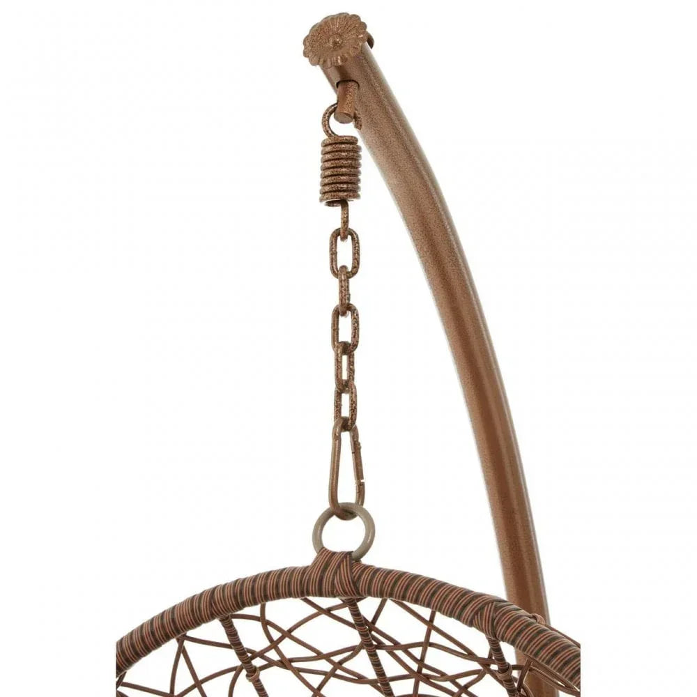 Close view of brown rattan hanging chair frame with metal chain and support bar