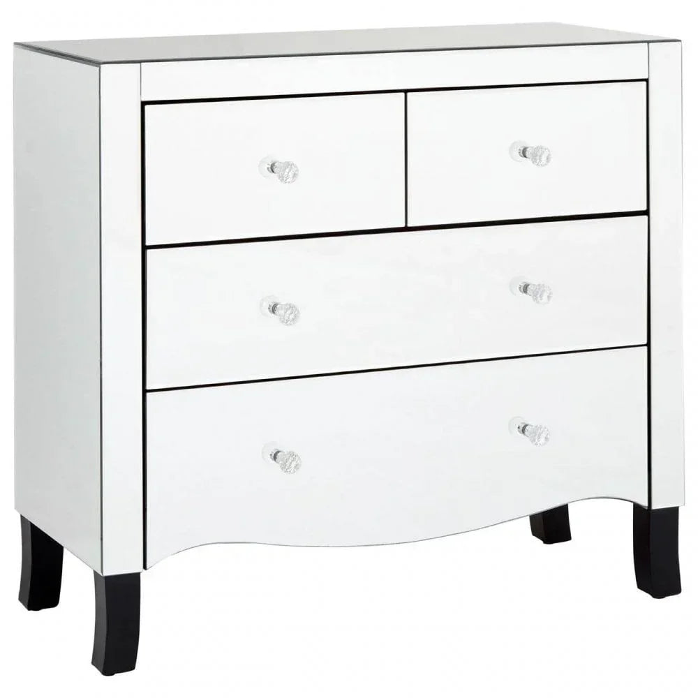Mirrored chest of drawers with crystal handles and black legs, bedroom storage furniture