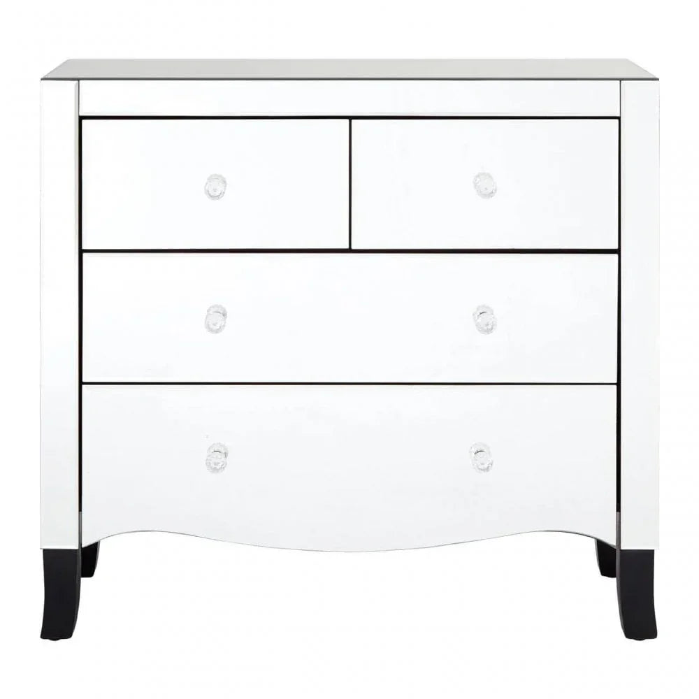 Mirrored chest of drawers with crystal knobs and black legs, front view