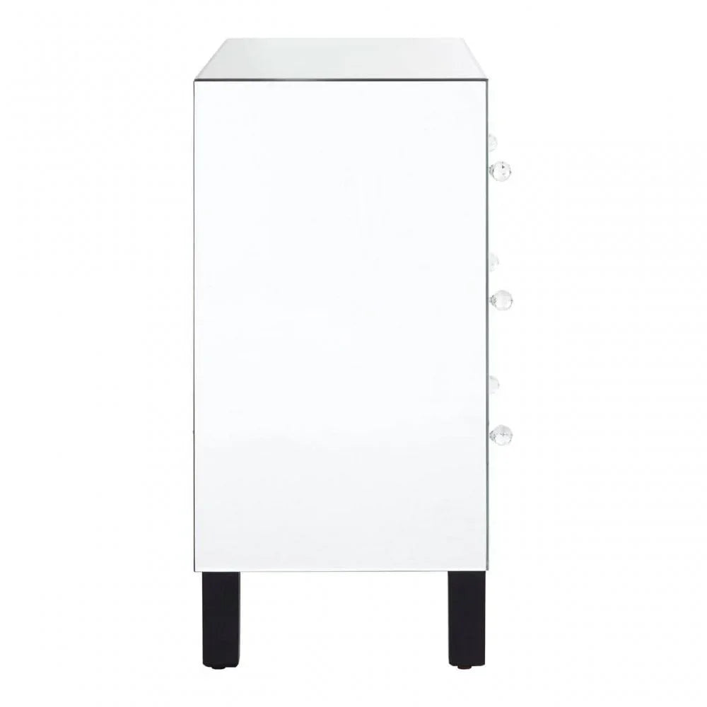 Side view of mirrored bedside table with crystal drawer handles and black legs