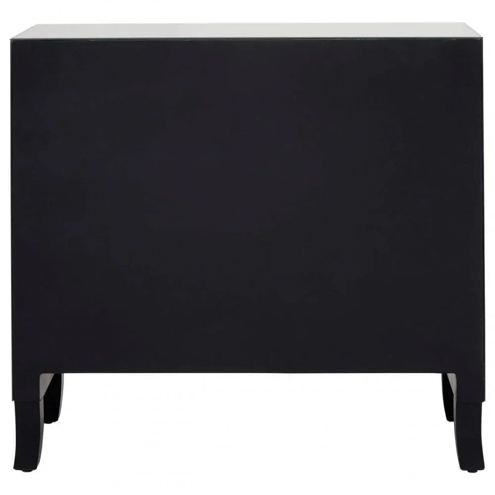 Back view of black wooden chest of drawers with curved legs