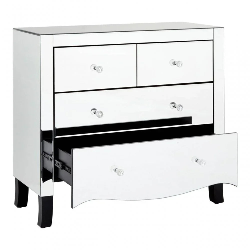 mirrored chest of drawers with crystal handles and one lower drawer open