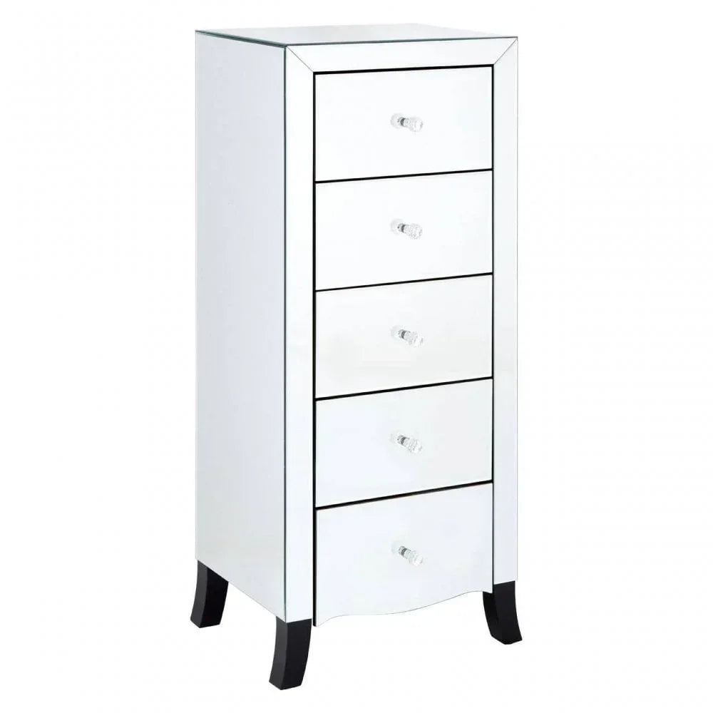 Mirrored tall chest of drawers with five crystal handles and black curved legs
