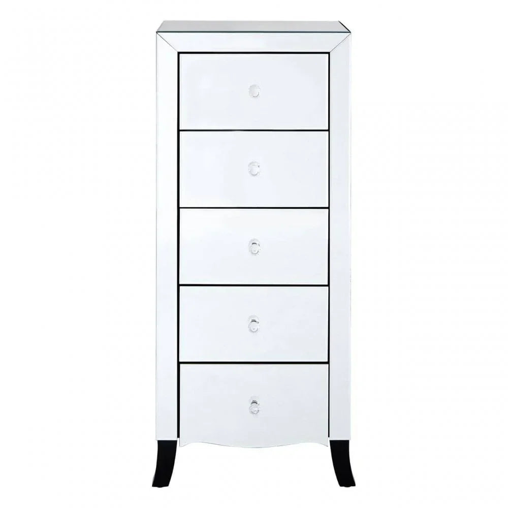 Mirrored tallboy chest of drawers with five clear glass handles and black curved legs