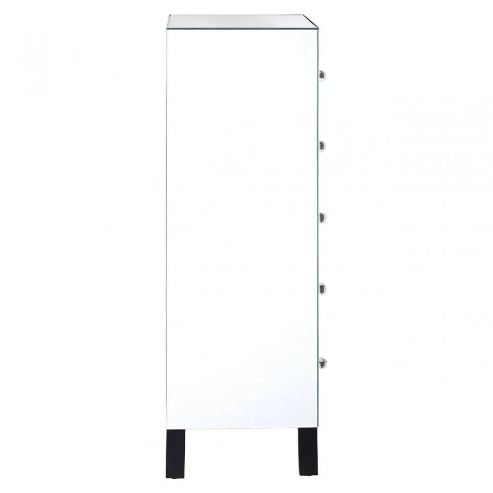 Side view of mirrored cabinet with black legs and silver door handles