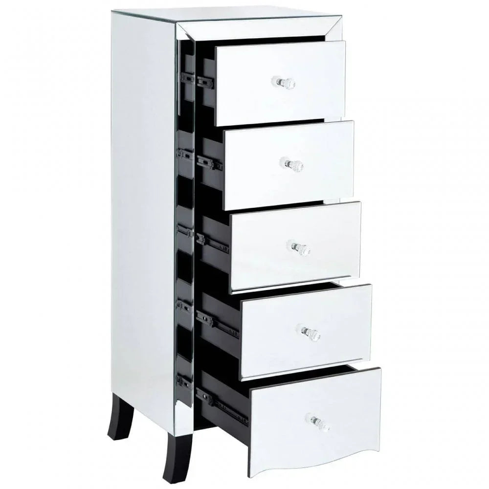 Mirrored tall chest of drawers with five open drawers and crystal handles
