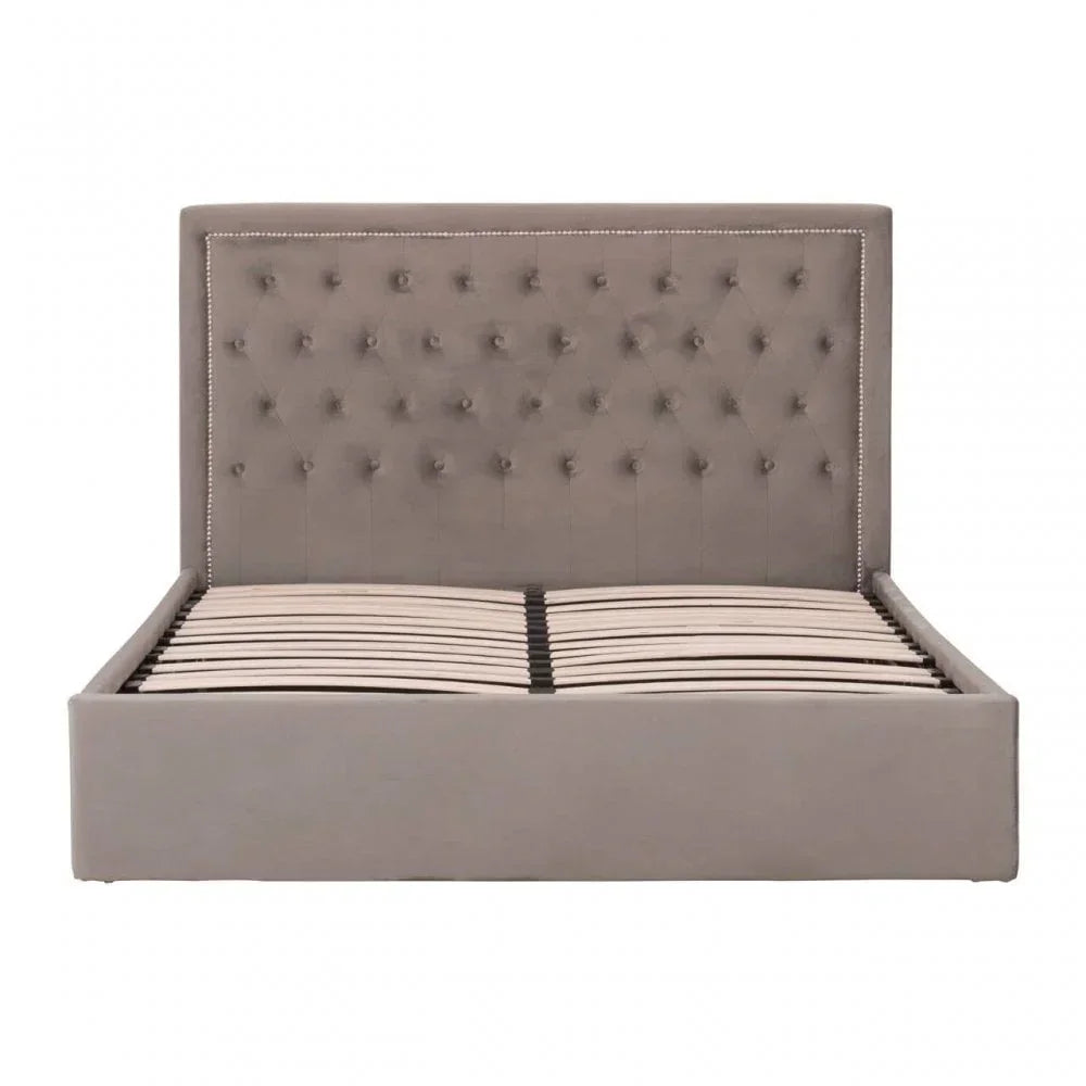 Grey upholstered bed frame with tufted headboard and wooden slats, front view