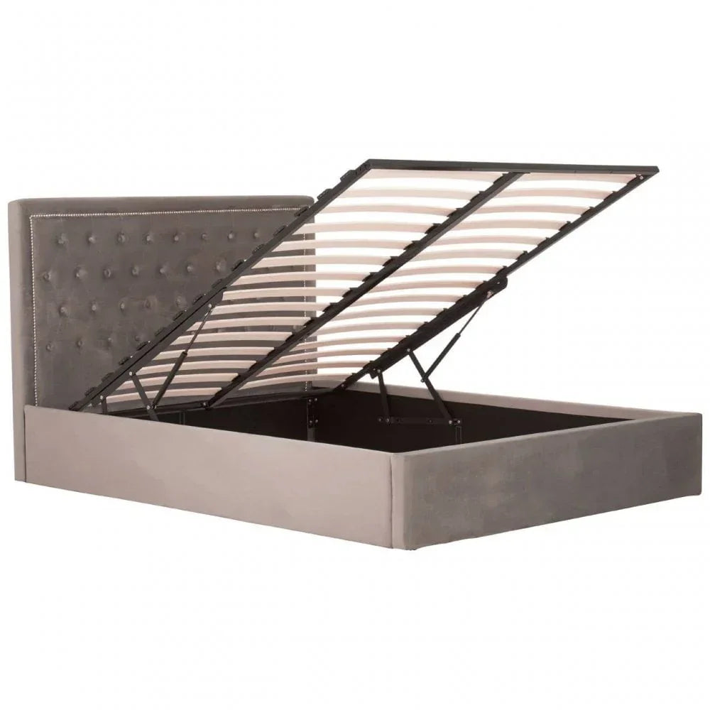 Grey upholstered ottoman storage bed frame with open lift-up slatted base and buttoned headboard