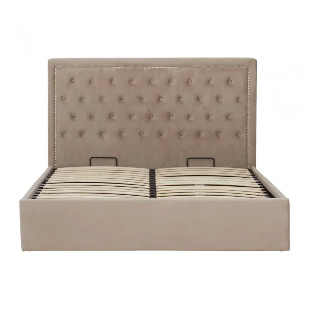 Beige upholstered bed frame with tufted headboard and wooden slatted base, front view