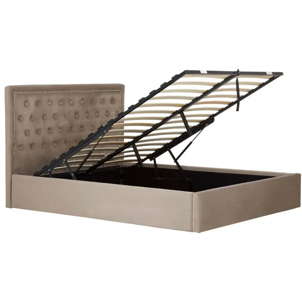 Beige upholstered ottoman storage bed frame with tufted headboard and lifted slatted base