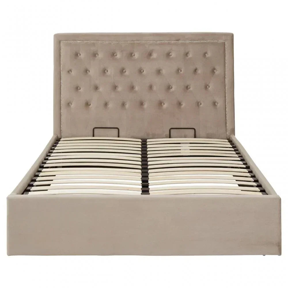 Beige upholstered bed frame with tufted headboard and wooden slats, front view