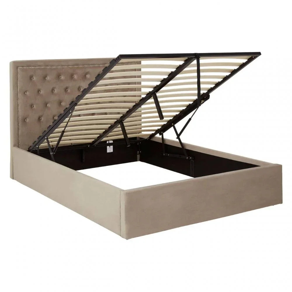 Beige upholstered ottoman storage bed with open lift-up slatted base and tufted headboard