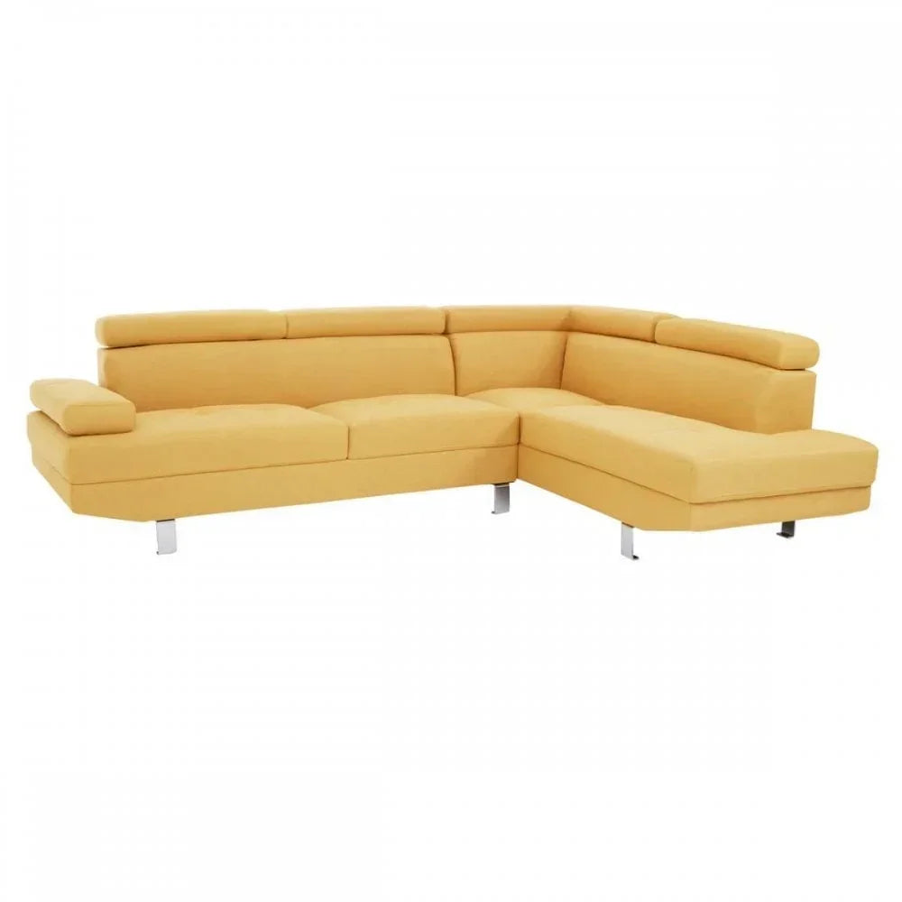 Yellow corner sofa with adjustable headrests and chrome legs on white background