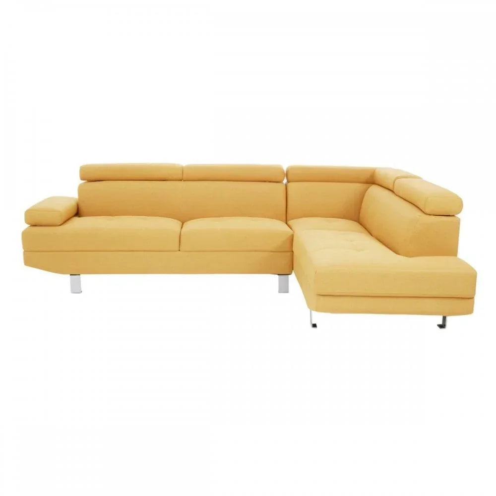 Yellow corner sofa with adjustable headrests and chrome legs on white background