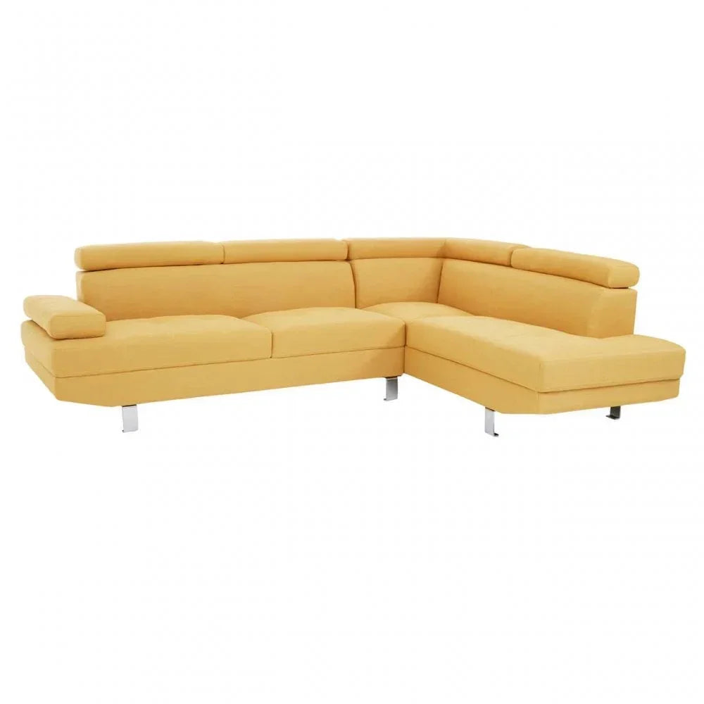Yellow corner sofa with chrome legs and adjustable headrests, shown at side angle