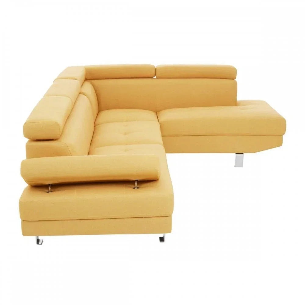 Yellow corner sofa with adjustable headrests and metal legs, modern sectional design