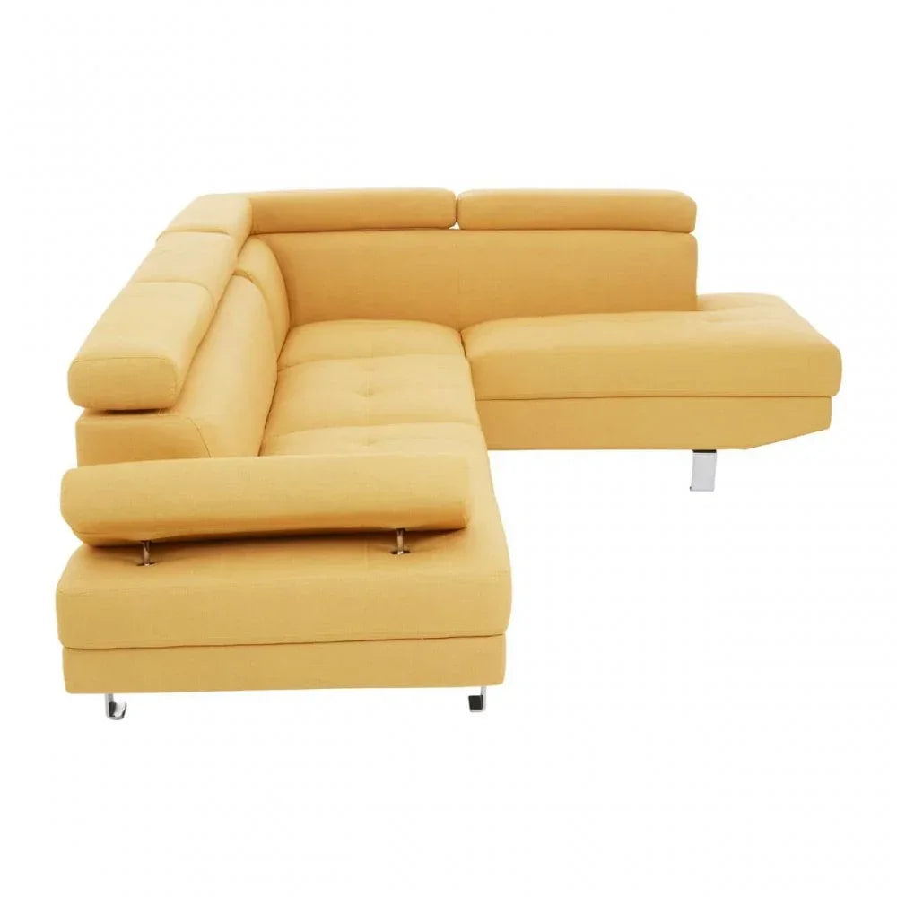 Yellow fabric corner sofa with adjustable headrests and chrome legs