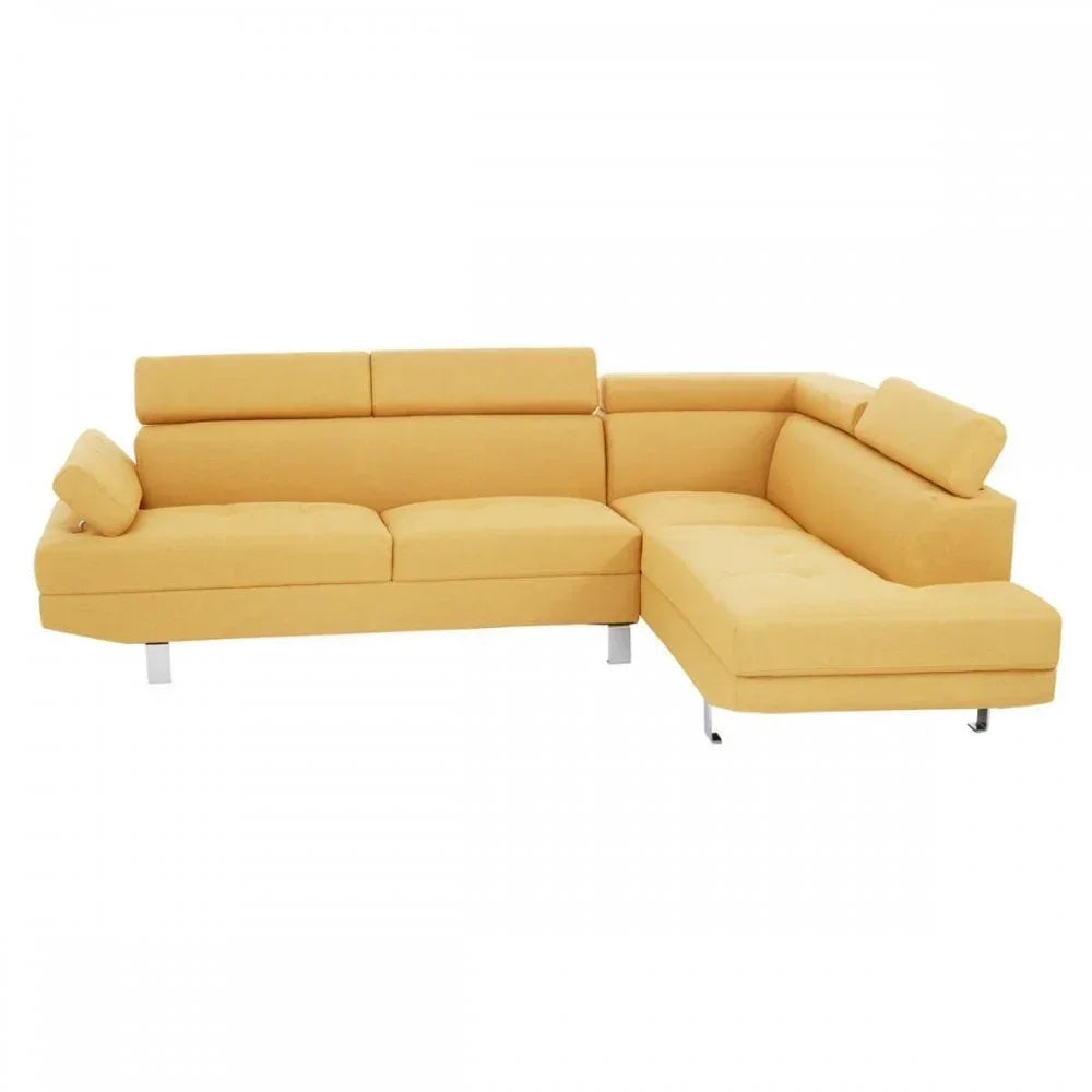 Yellow corner sofa with adjustable headrests and chrome legs on white background