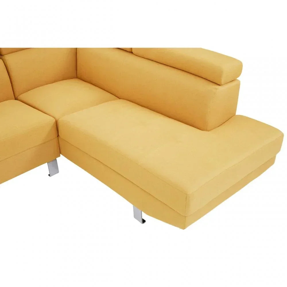 Yellow fabric corner sofa with chaise and chrome legs, side angle view