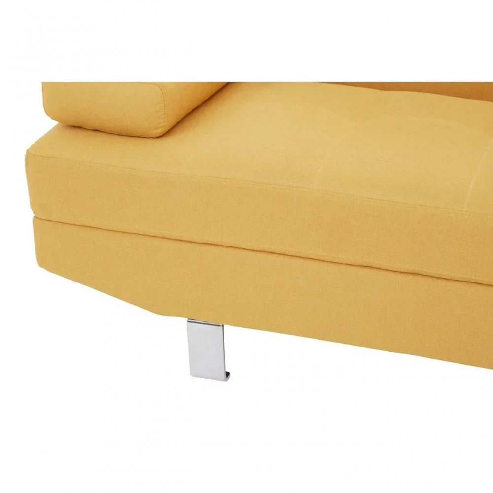 Yellow fabric sofa corner with chrome metal leg close-up
