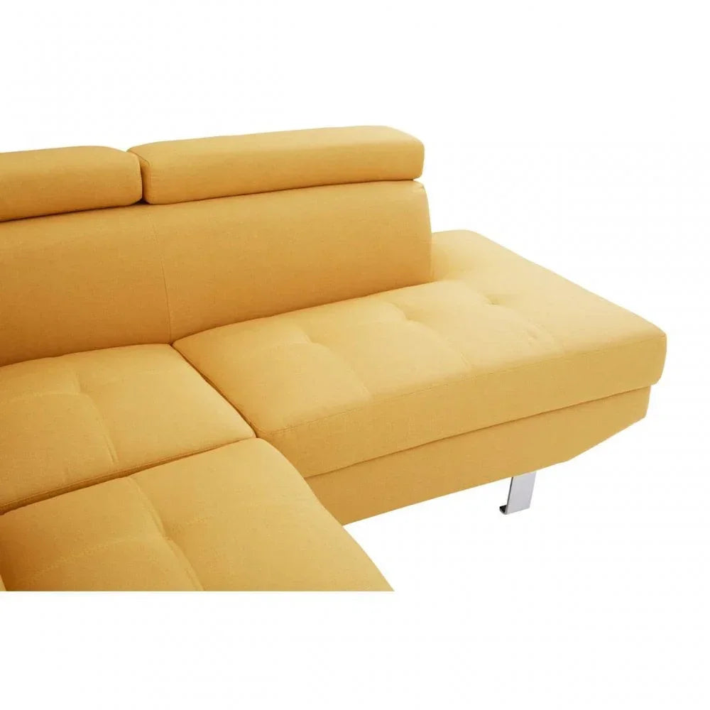 Yellow fabric sofa corner with adjustable headrest and chrome leg detail