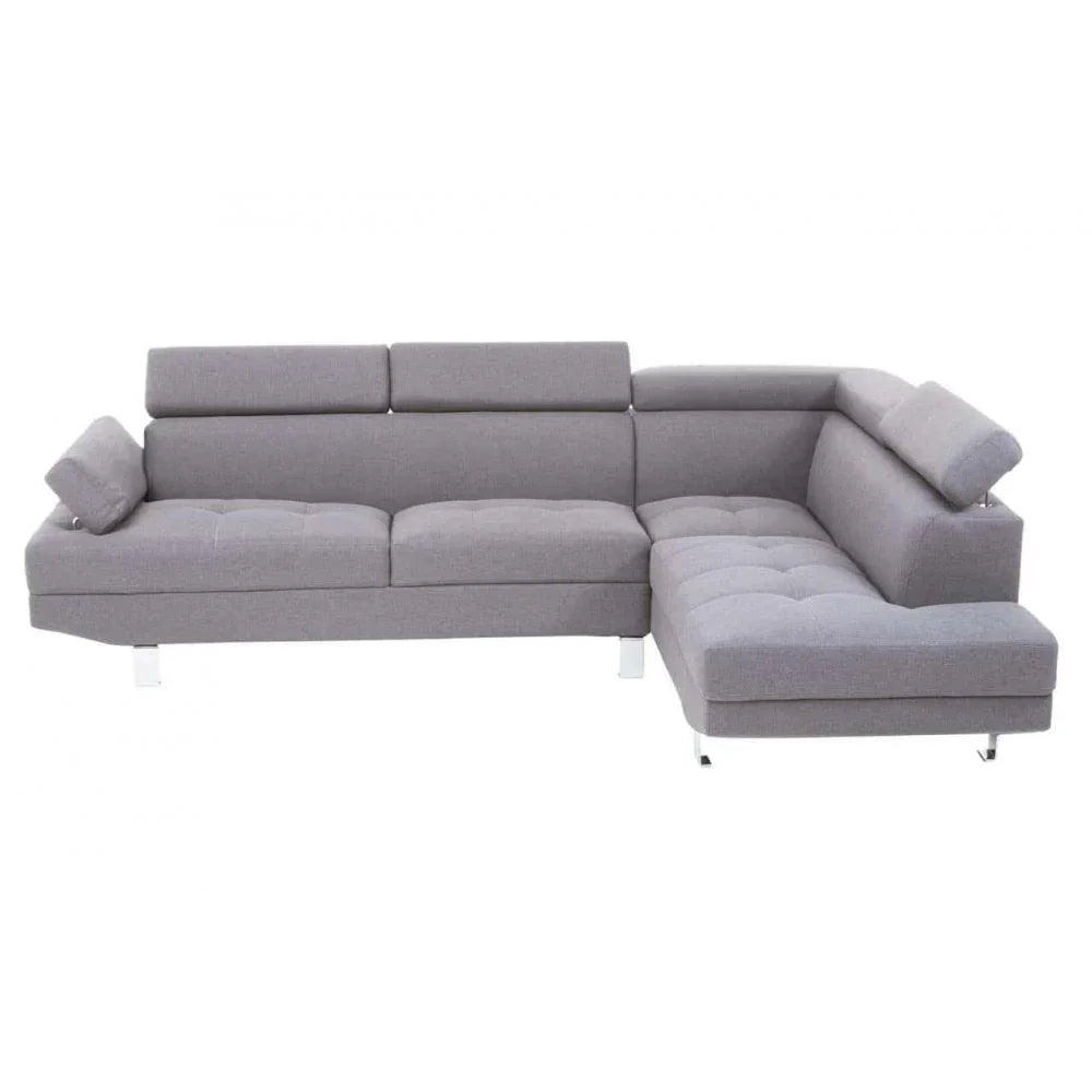 Light grey fabric corner sofa with adjustable headrests and chrome legs