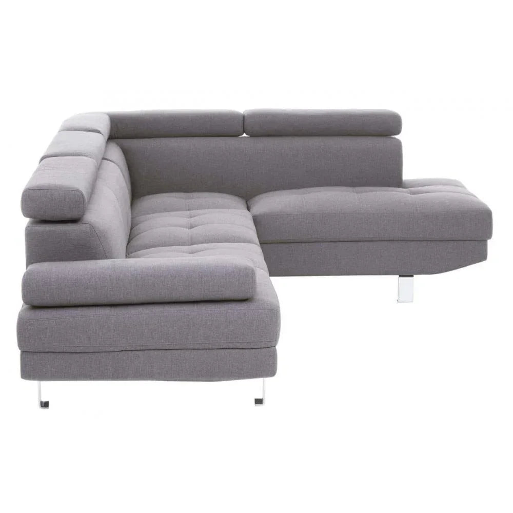 Grey corner sofa with adjustable headrests and chrome legs, upholstered in fabric
