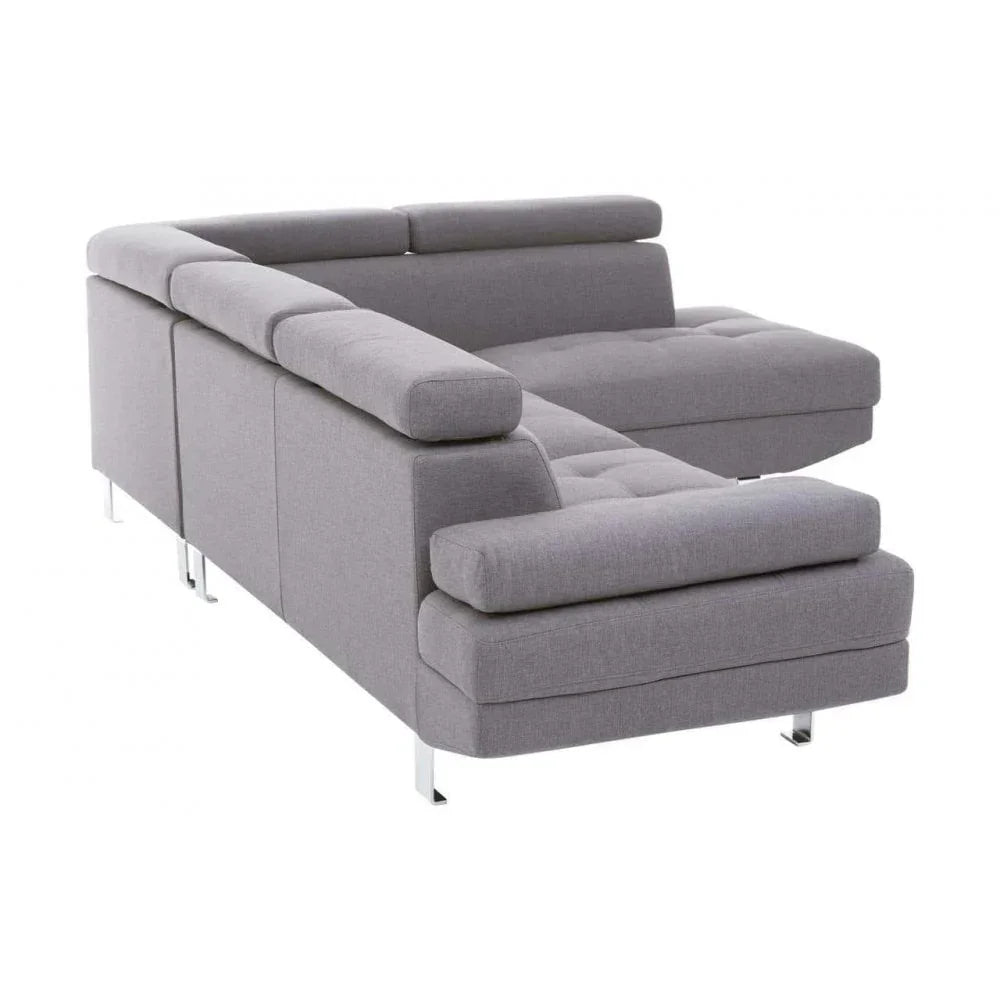 Grey corner sofa with adjustable headrests and chrome legs, rear angled view