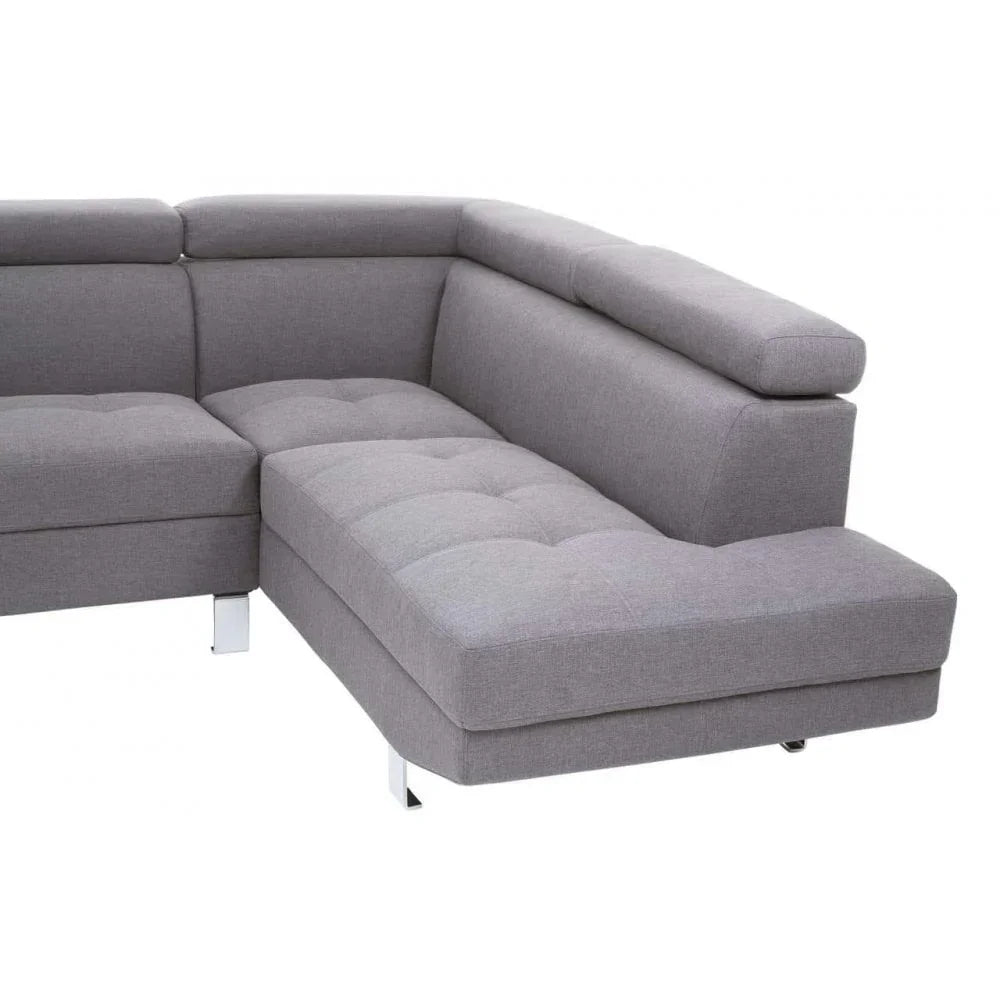 Grey fabric corner sofa with tufted seats and chrome legs, right-hand facing sectional