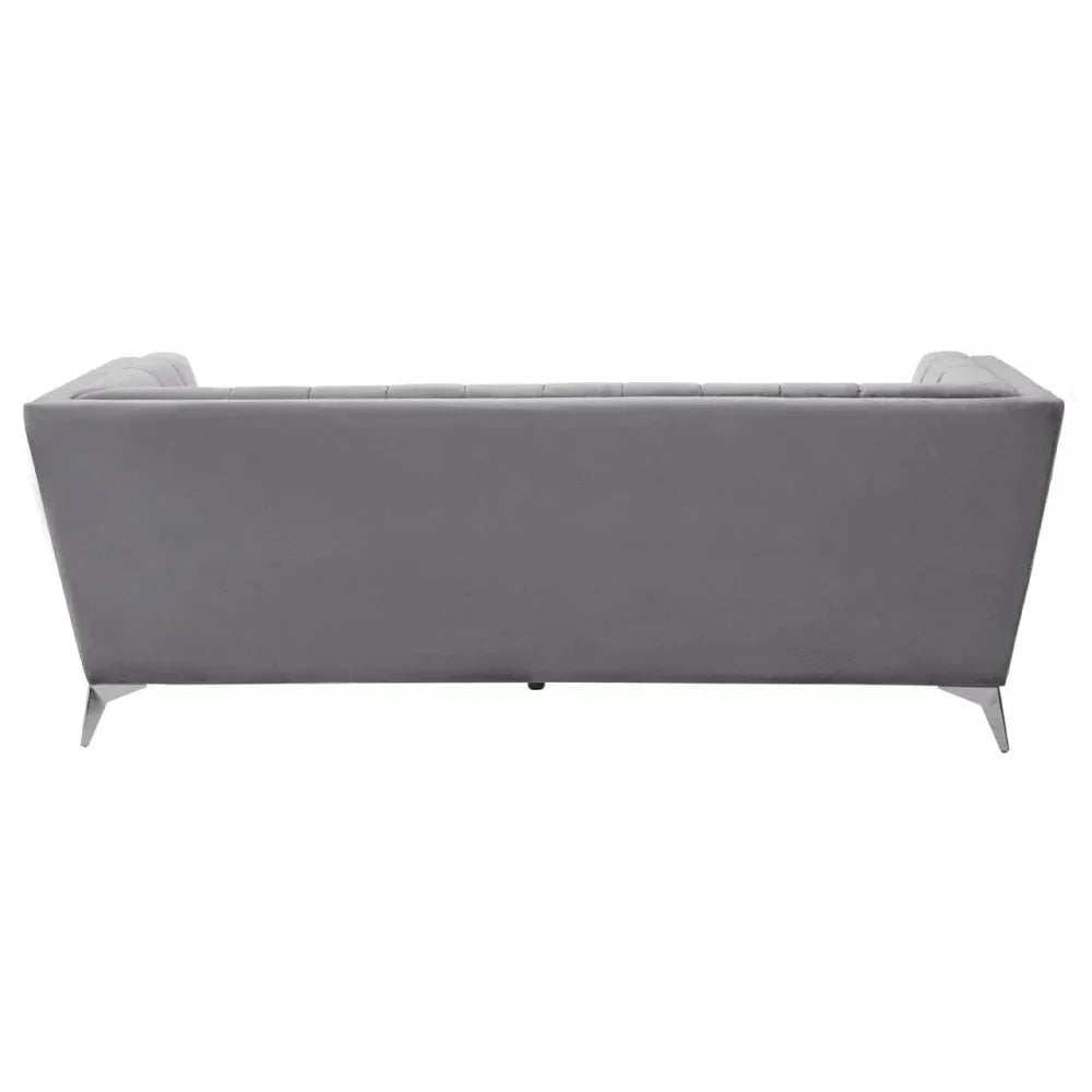 Rear view of grey fabric sofa with angled metal legs and smooth backrest