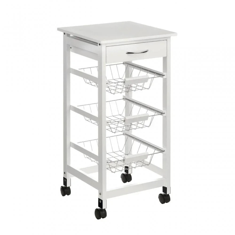 White kitchen trolley with three wire baskets, drawer and caster wheels