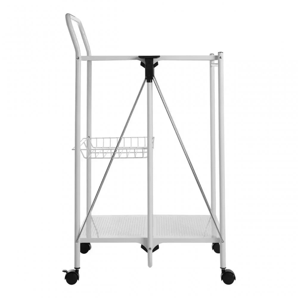 White metal laundry trolley with wheels and wire basket, side angle view