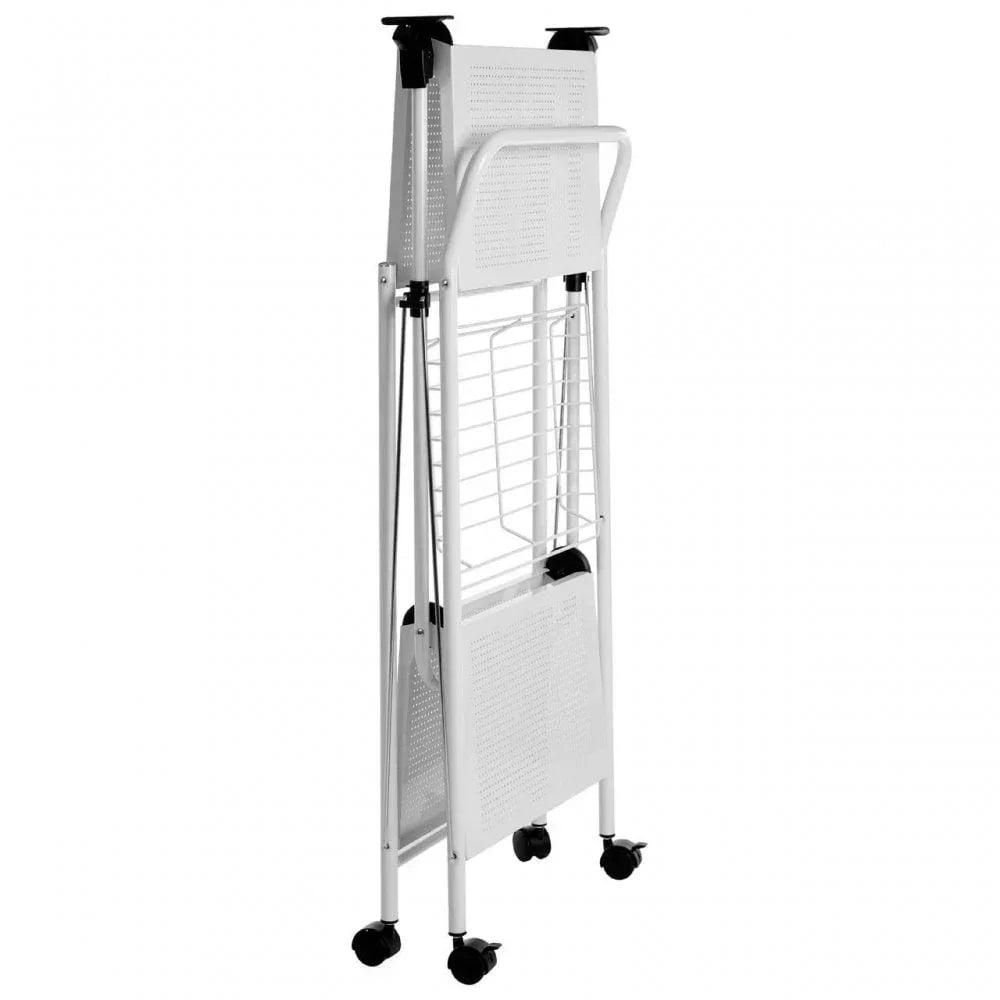 White folding laundry drying rack with wheels in upright position