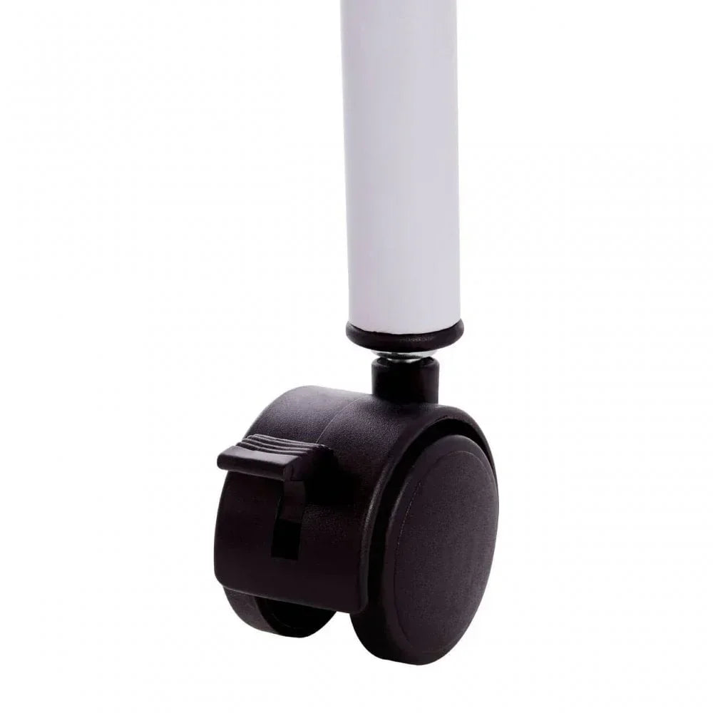 Closeup of black office chair wheel with lock on metal leg