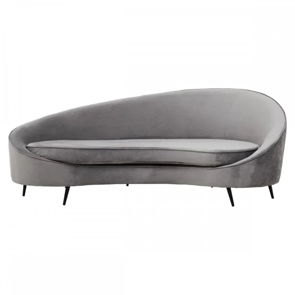 Modern grey velvet sofa with curved backrest and slim black metal legs