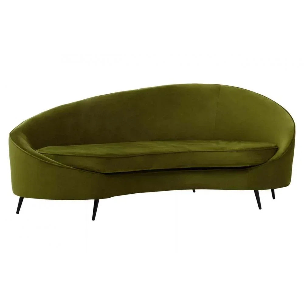 Green velvet curved sofa with slim black legs and modern asymmetrical design