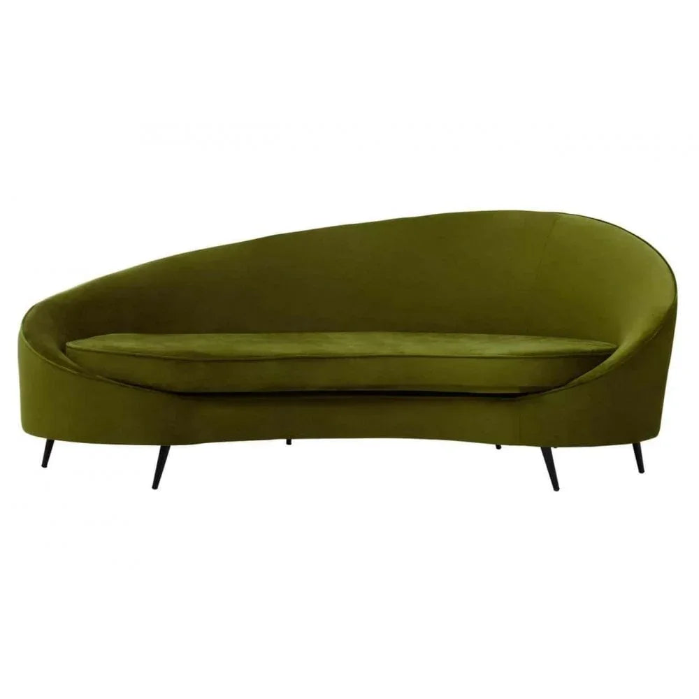 Green velvet sofa with curved back and slim black legs, modern living room furniture