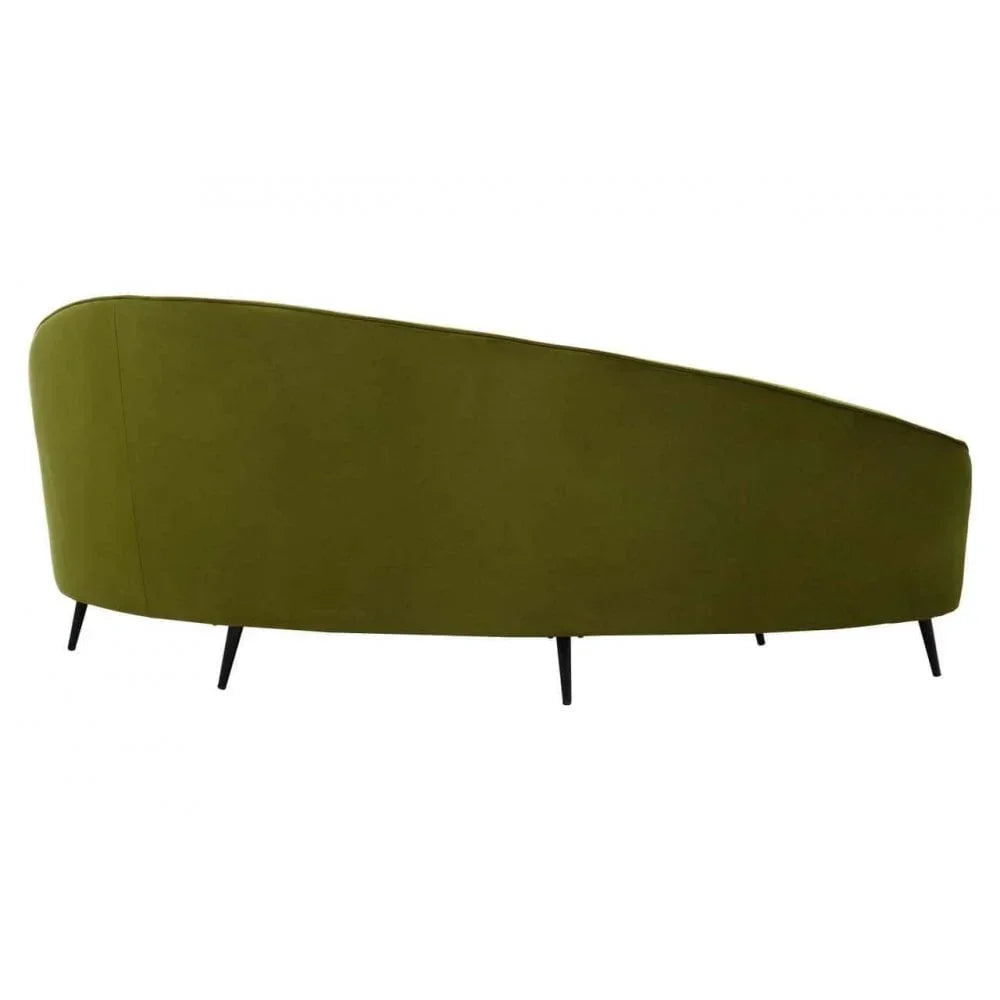 Curved green sofa with slim black legs rear view
