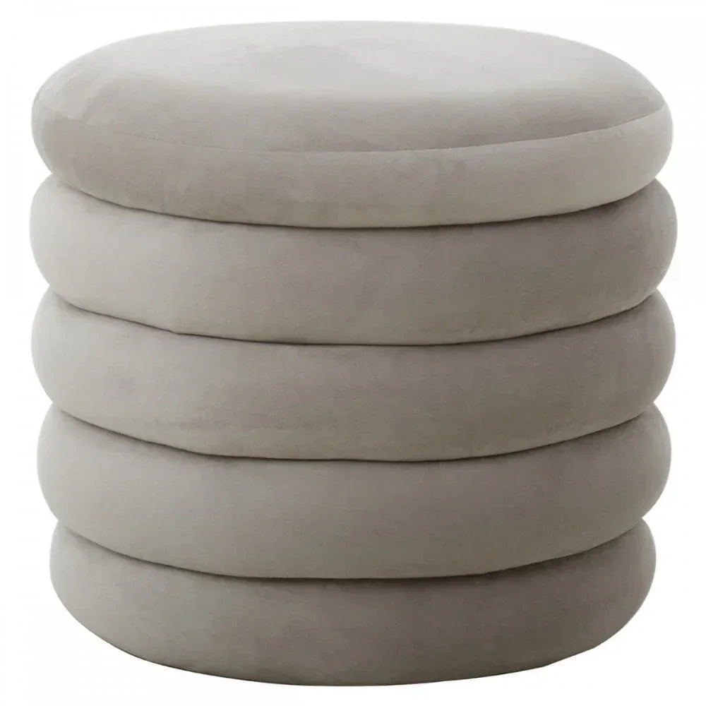 Round beige velvet ottoman with stacked cushion design