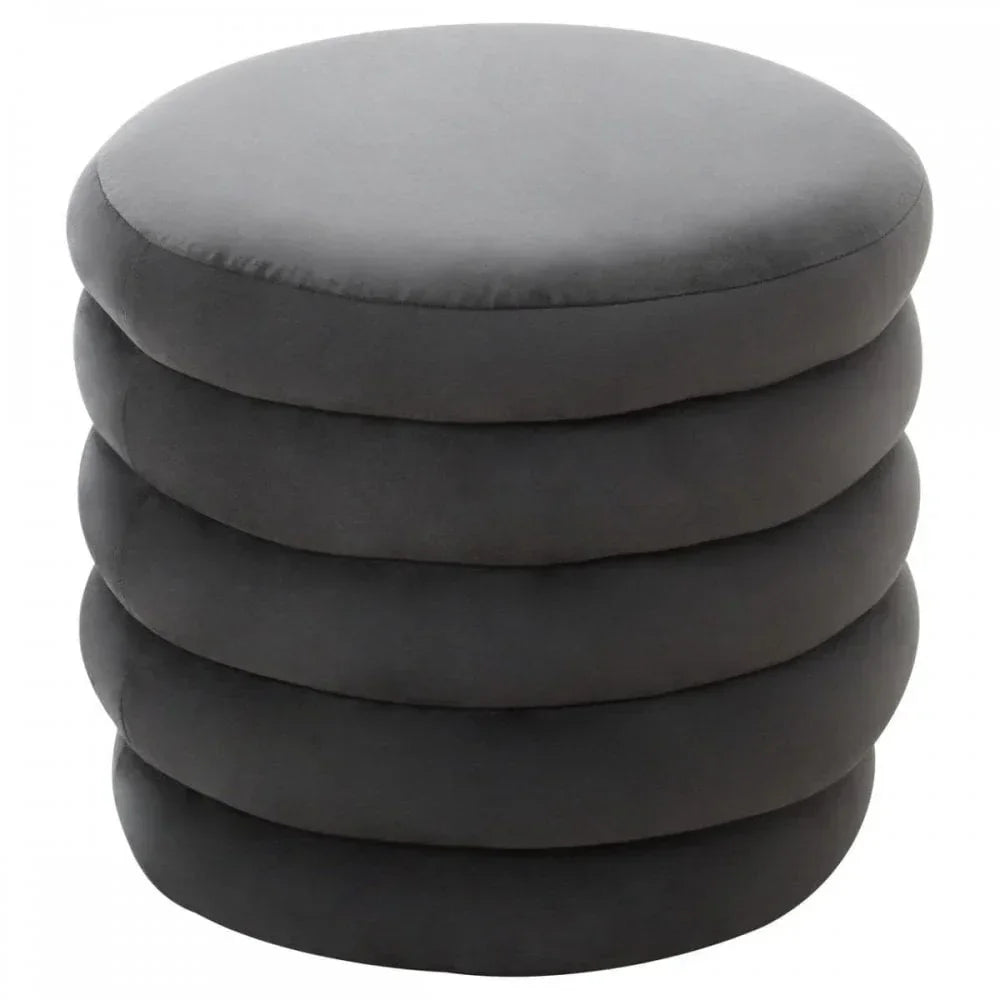 Round dark grey velvet ottoman with stacked cushion design, side view