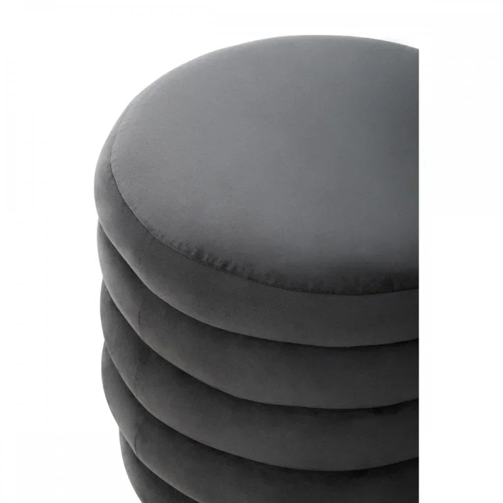Round grey velvet ottoman stool with stacked cushion design, close-up top view