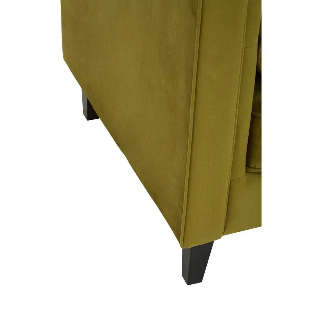 Olive green sofa corner with wooden leg and upholstered side panel