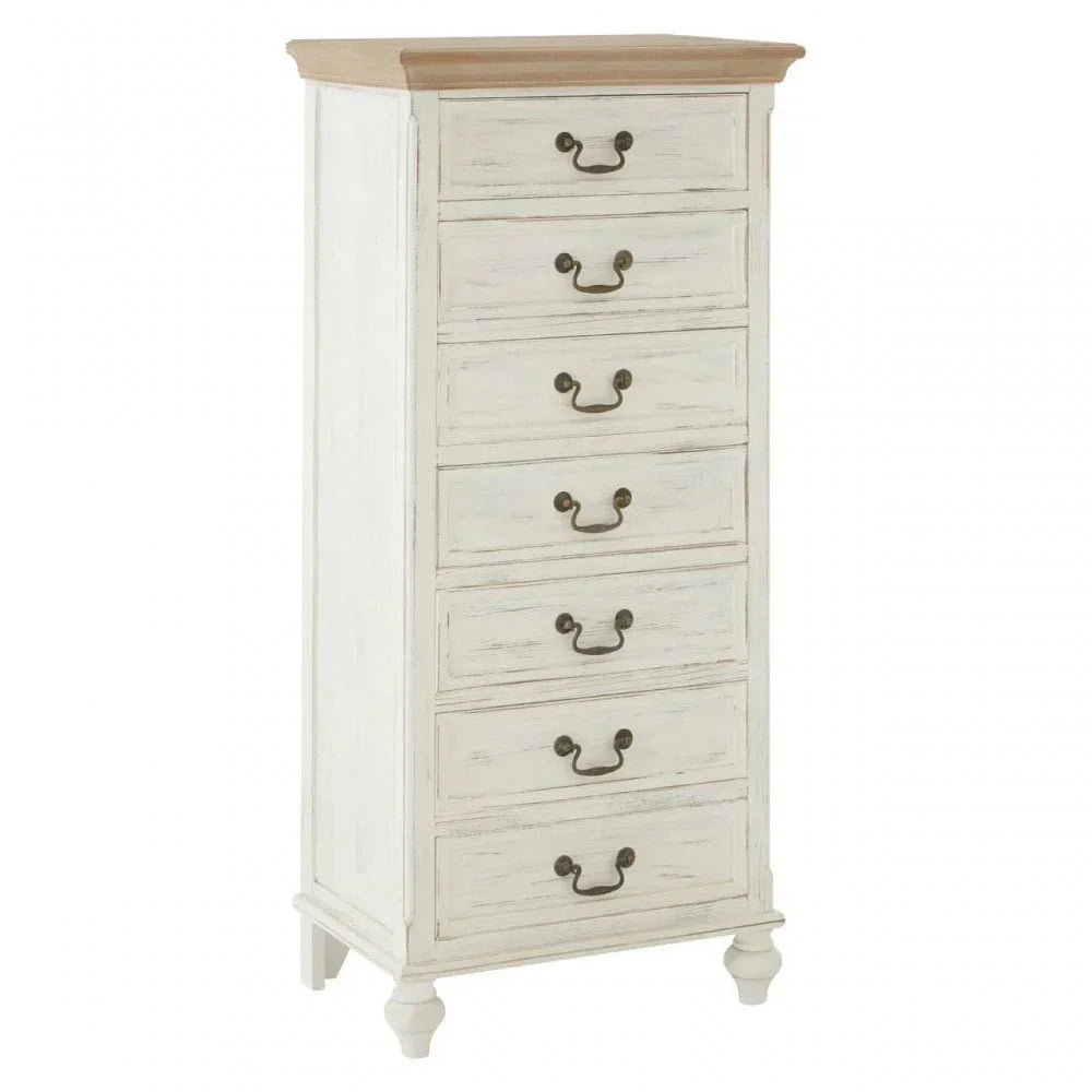 White wooden tall chest of drawers with six handles and light wood top