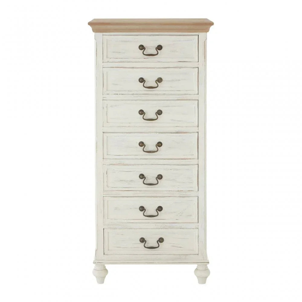 Tall white chest of drawers with six handles and natural wood top