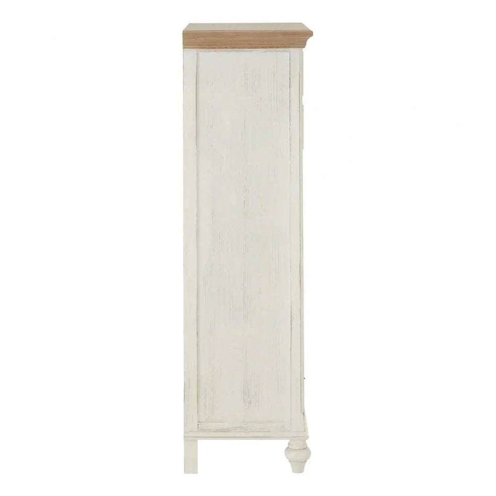 Side view of narrow tall cabinet with white wood finish and light oak top