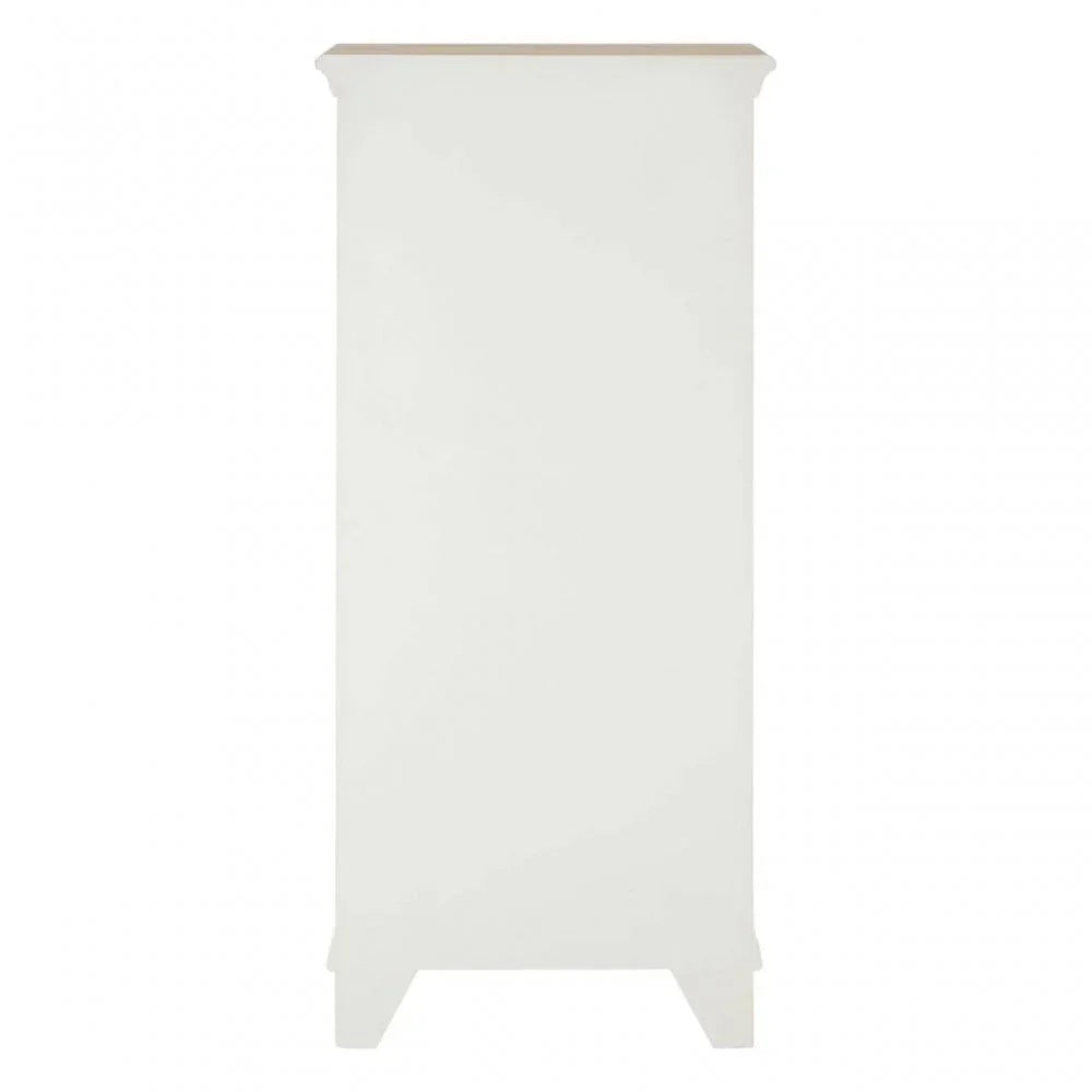 Side view of modern white wooden cabinet with light wood top