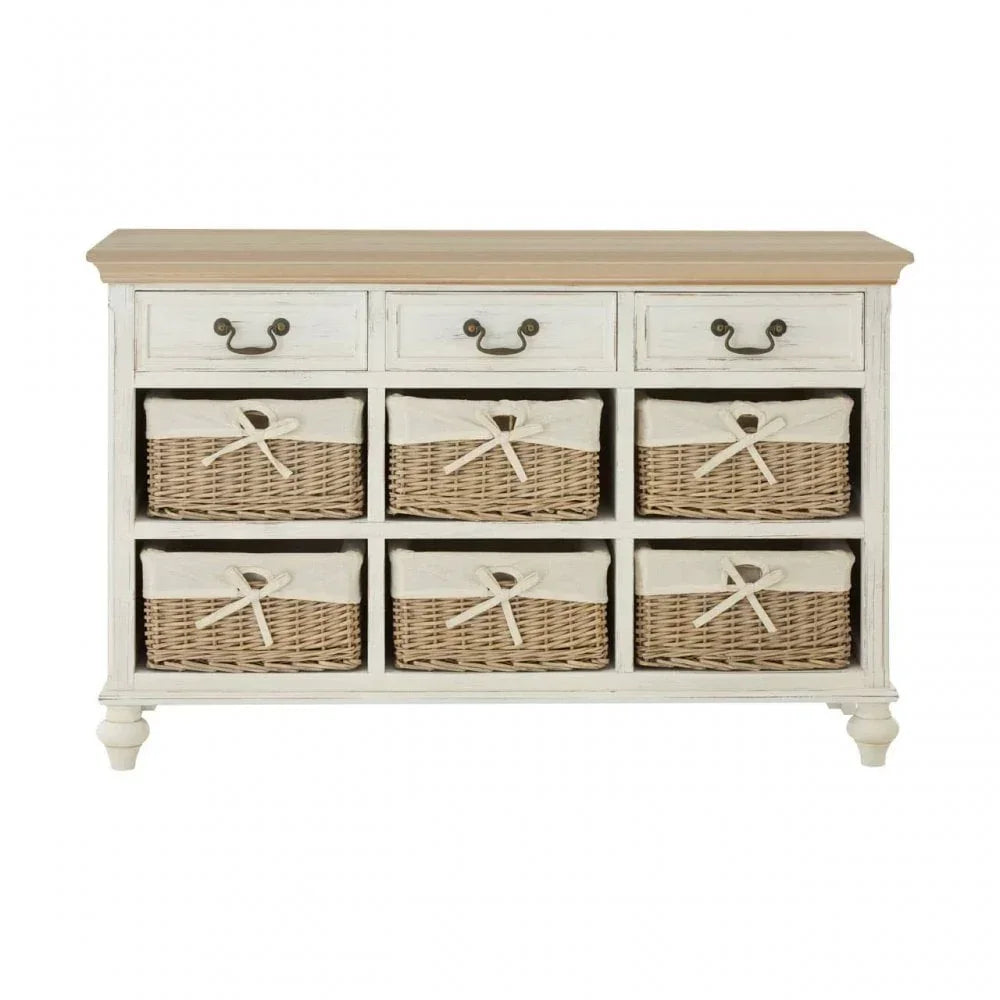 White wooden storage unit with three drawers and six wicker basket compartments