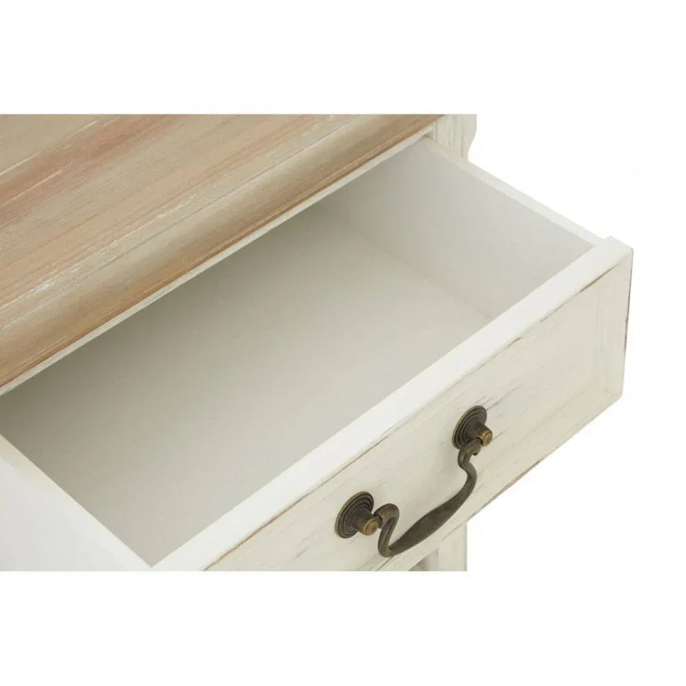 White wooden drawer unit with open drawer and antique metal handle, close angle view