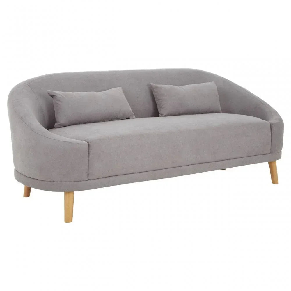 Grey fabric sofa with curved backrest, wooden legs and two matching cushions