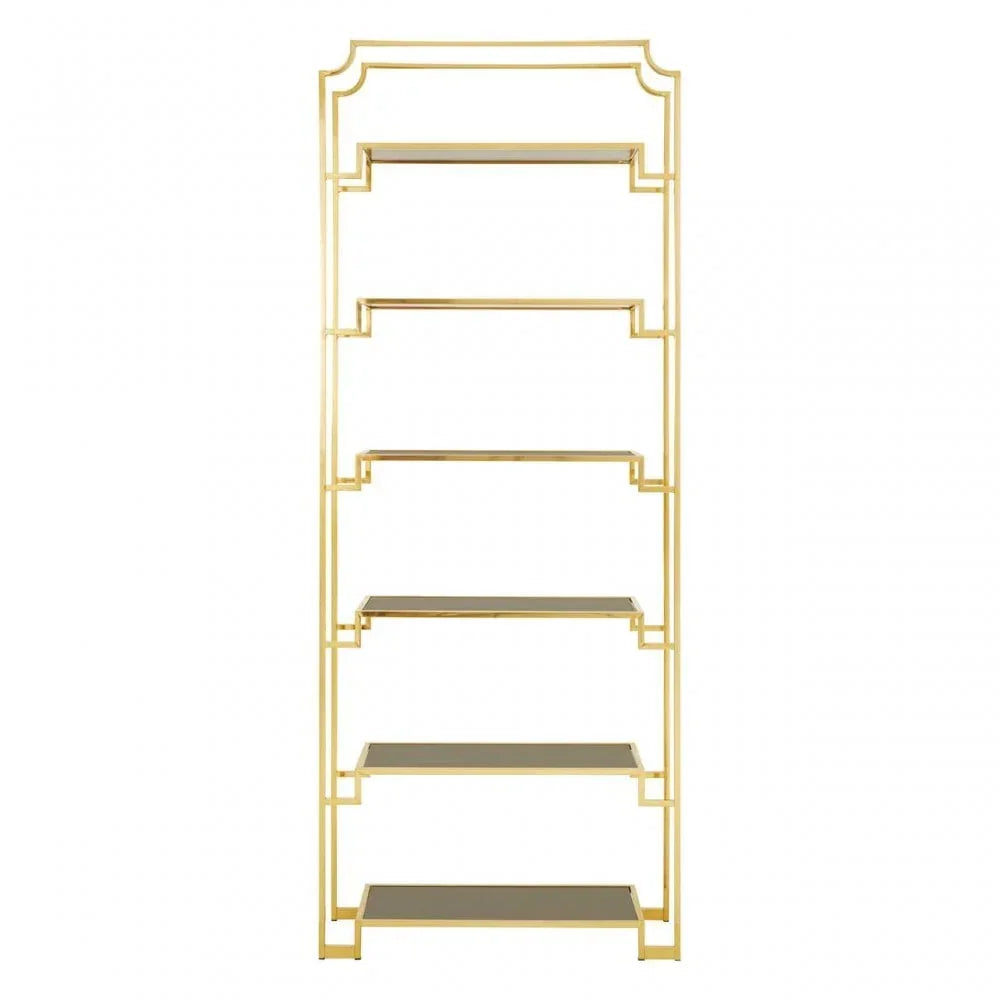 Gold metal display shelf with five black glass shelves and geometric frame design